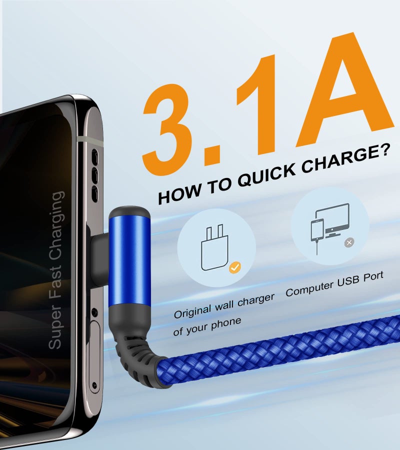 sweguard USB Type C Charger Cable Right Angle [2-Pack,6.6FT] 3.1A Nylon Braided Cord for iPhone 17 16 15 Pro Max Plus iPhone Air Samsung Galaxy S26 S25 S24 S23 S22 S21 Note 20 A15 Flip Pixel LG Moto - Image 3