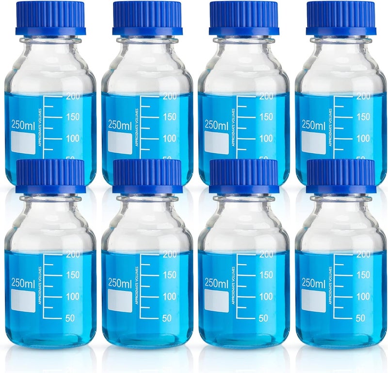 Irenare 8 Pieces Media Storage Bottles Borosilicate Storage Glass Bottle Scientific Round Graduated Media Bottle with Blue GL45 Screw Cap for Lab Water Reagent Liquids (250 ml) - Image 1