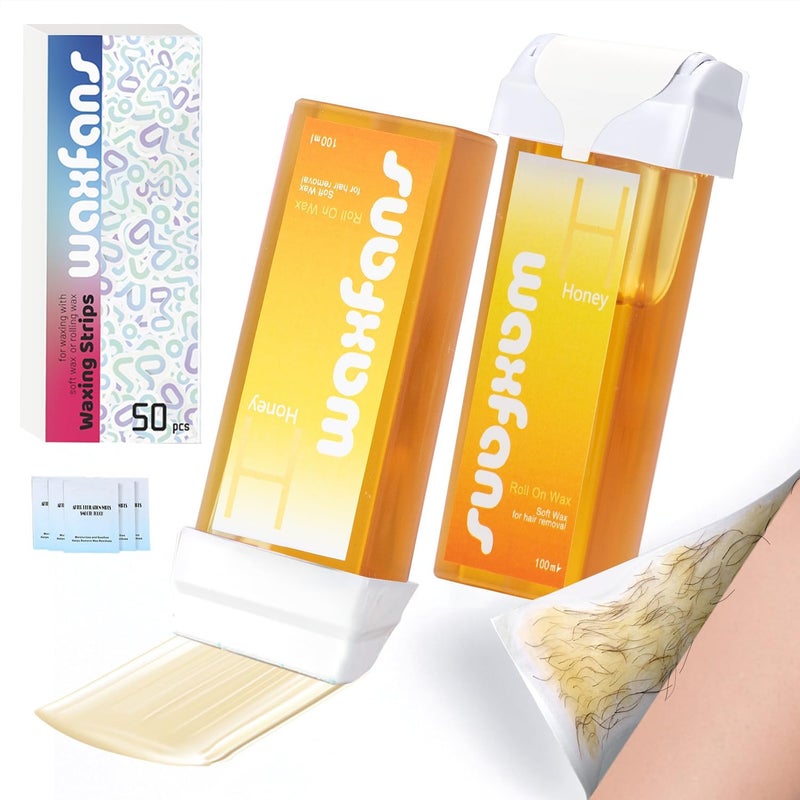 waxfans Roll On Wax RefillWax Roller Refill for Hair Removal100 Natural Wax Cartridge RefillQuick Melting  For Coarse and Fine Hairswith 353 OuncePack of 2 Honey Wax Rollers 50 Wax Strips 