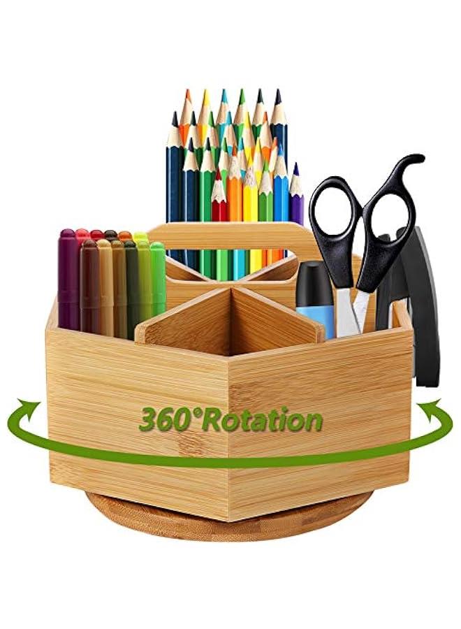 Arabest Bamboo Art Supply Organizer, Rotating Pencil Pen Holder, Office Supplies Desktop Storage Caddy, Like Colored Pencils, Pen, Markers, Paint Brushes - Image 1