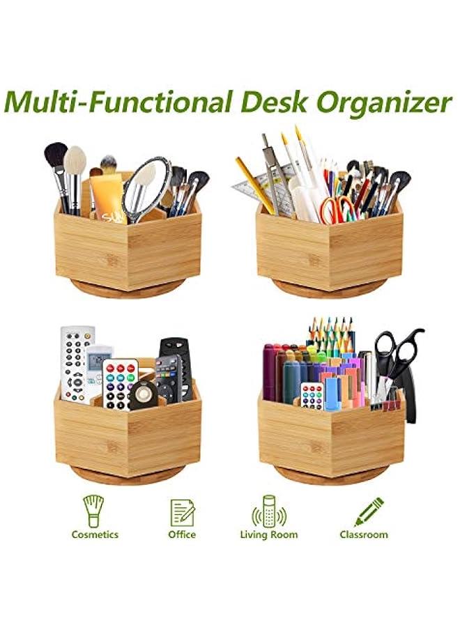 Arabest Bamboo Art Supply Organizer, Rotating Pencil Pen Holder, Office Supplies Desktop Storage Caddy, Like Colored Pencils, Pen, Markers, Paint Brushes - Image 4