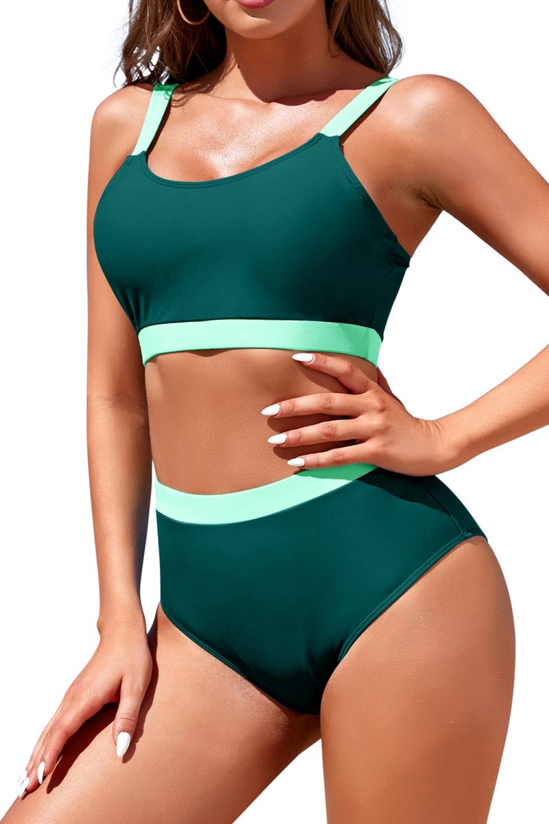 Adisputent Womens High Waisted Bikini Sets Sporty Crop Top Color Block Swimwear Bandeau Scoop Neck Vintage Two Piece Bathing Suits Blackish Green M - Image 2