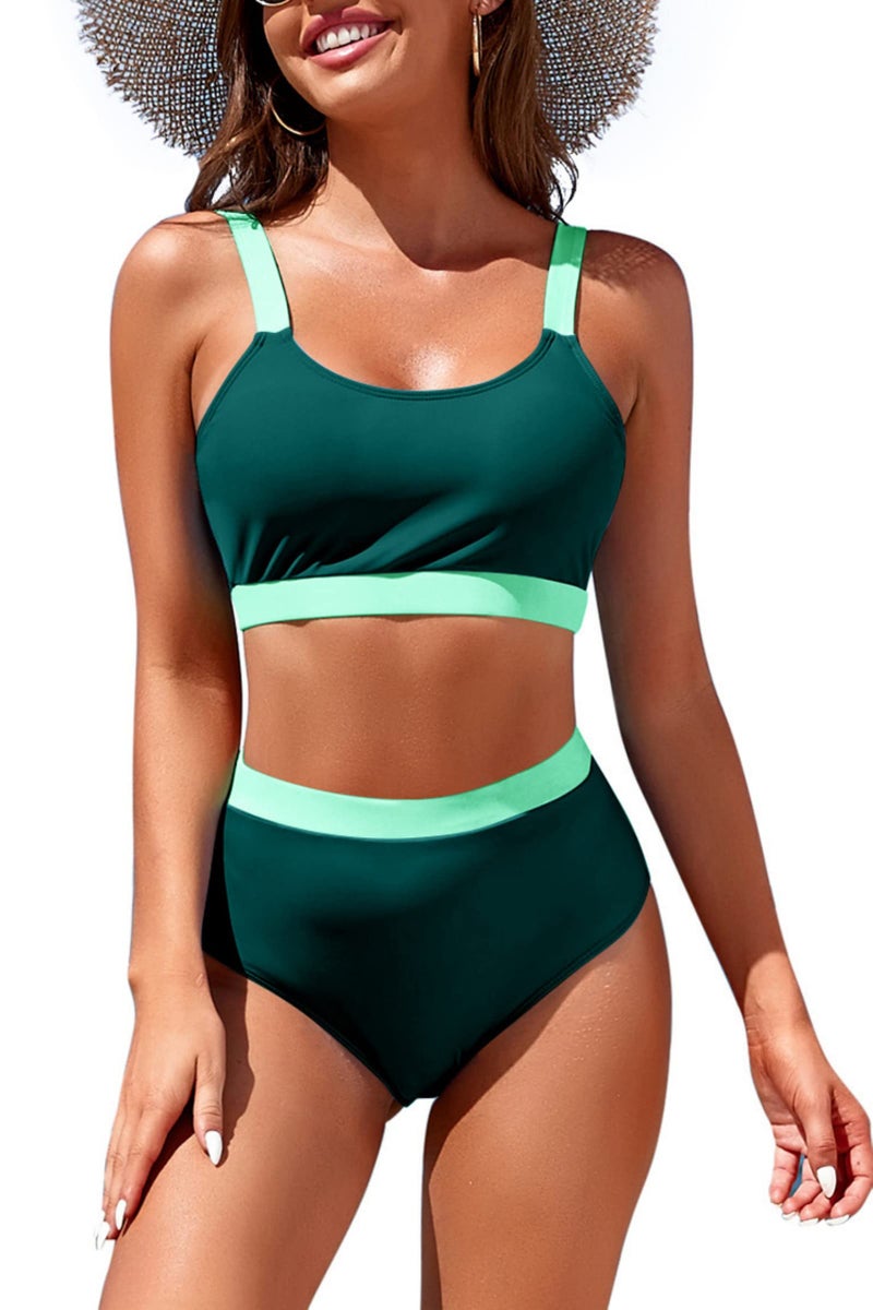 Adisputent Womens High Waisted Bikini Sets Sporty Crop Top Color Block Swimwear Bandeau Scoop Neck Vintage Two Piece Bathing Suits Blackish Green M - Image 3