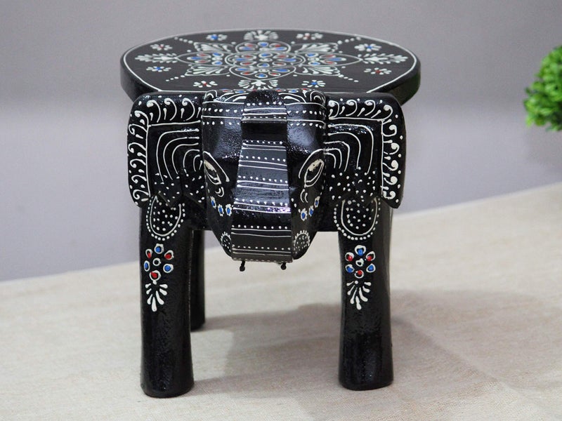 JH Gallery Handcrafted and Emboss Painted Colorful Wooden Elephant Decorative Showpiece Stool (8 Inches Height, Black) - Image 2