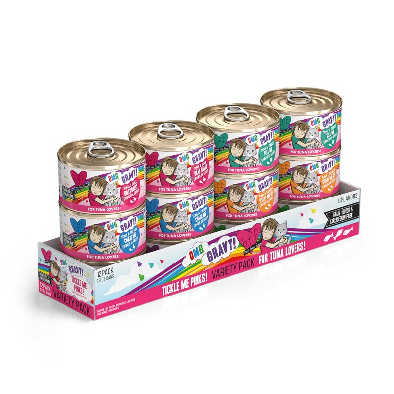 Weruva B.F.F. OMG - Best Feline Friend Oh My Gravy!, Tickle Me Pinks! Variety Pack, 2.8oz Can (Pack of 12) - Image 1