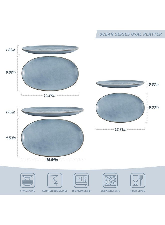 Famiware famiware Serving Platter, Oval 15.59/14.3/12.9 inch Serving Dishes for Entertaining, Serving Bowls, Microwave Safe, Stonware Serving Trays for Party, Turkey, Cheese, Ocean Series, Blue  - Image 2