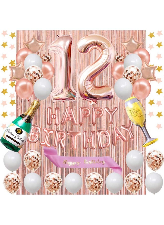 Fancy Partyshop 12Nd Birthday Decorations Rose Gold Happy Birthday Banner And Sash With Number 12 Balloons Latex Confetti Balloons Ideal For Girl And Women 12 Years Old Birthday Rose Gold  - Image 1