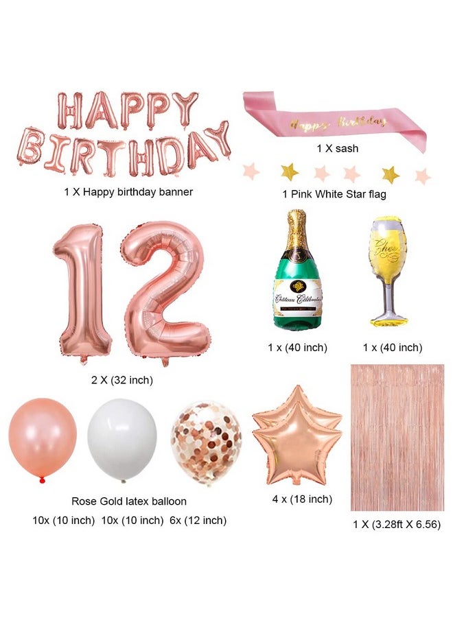 Fancy Partyshop 12Nd Birthday Decorations Rose Gold Happy Birthday Banner And Sash With Number 12 Balloons Latex Confetti Balloons Ideal For Girl And Women 12 Years Old Birthday Rose Gold  - Image 2