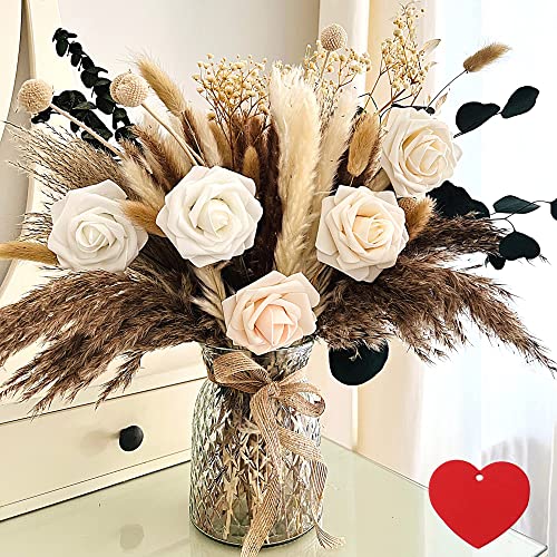 RyddeligHome 100pcs Artificial Flowers Arrangement With Vase Included, Dining Table Centerpiece Decorations, Fake Flowers in Vase, Dried Pampas Grass Floral Centerpieces, Coffee Table Decor, Centro de Mesa - Image 1
