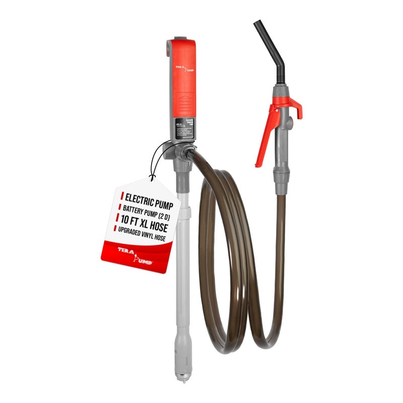 TERA PUMP Fuel Transfer Pump wFlow Control Nozzle  Telescopic Tube  3X Powerful D Battery Powered 10FT XL Long Vinyl Discharge Hose Multipurpose Portable Battery Pump For Gas Diesel 23 GPM