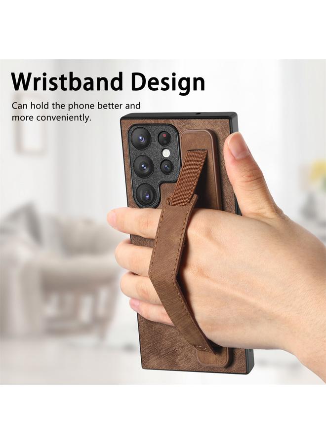S-TOP Case For Samsung Galaxy S22 Ultra 5G Retro Wristband Holder Leather Back Phone Case - Image 3