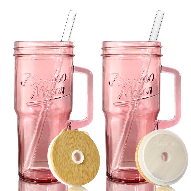 ANOTION Glass Cups with Handle 24oz Glass Cups with Lids and Straws Travel Coffee Mug Bamboo Mason Jar Iced Cup Smoothie Tea Clear Cute Water Drinking Jars Glasses