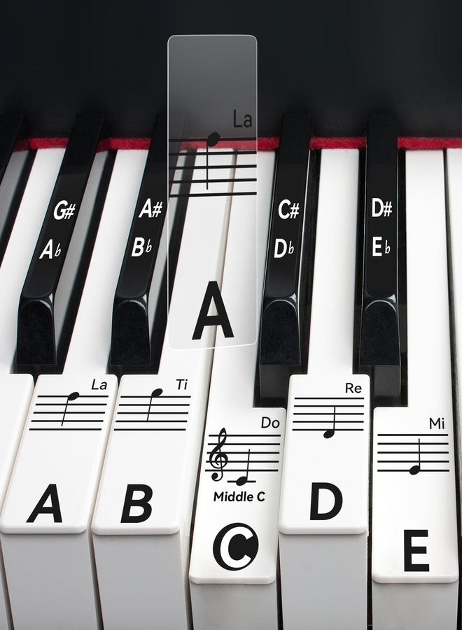 runzoos 2 Sheets Piano Keyboard Stickers for 88/76/61/54/49 Keys, Transparent and Removable Piano Stickers for Beginners and Kids, Keyboard Letters Labels Notes Guide (Black) - Image 1
