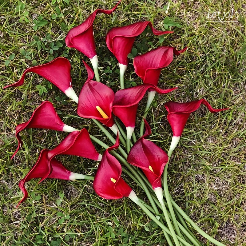 Letjolt Artificial Calla Lily Red Flowers 12Pcs for Wedding Bouquet Home Decoration Faux Calla Lilies Flower, Dark Red - Image 3