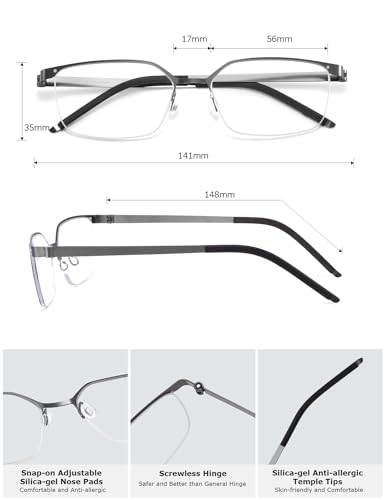 ZanyLen Superlight Titanium Blue Light Blocking Glasses Stylish Semi-rimless Rectangle Computer Gaming Eyeglasses (Gunmetal) - Image 4