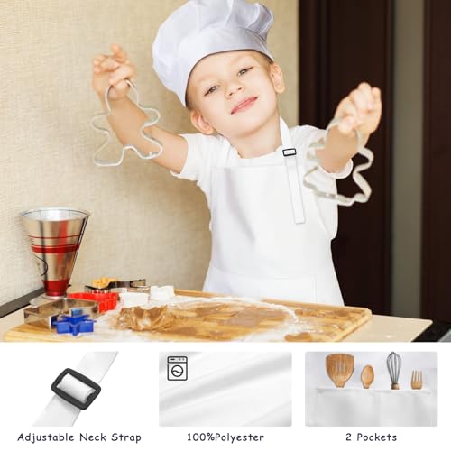 IAGBIBUI Kids Apron and Chef Hat Set, 24 Pieces Boys Girls Kids Apron with 2 Pockets Adjustable for Cooking Classroom Baking Painting, 6-13 Years, White - Image 4