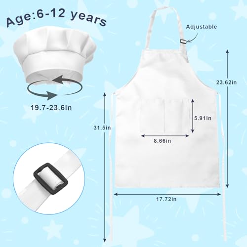 IAGBIBUI Kids Apron and Chef Hat Set, 24 Pieces Boys Girls Kids Apron with 2 Pockets Adjustable for Cooking Classroom Baking Painting, 6-13 Years, White - Image 2