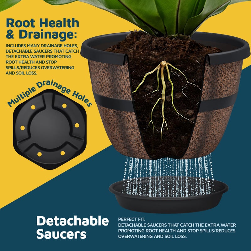 LifeMaster 10-Inch Whiskey Barrel Planters Outdoor Pack of 20 - Durable Plastic Plant Pots for Indoor & Outdoor Use with Drainage & Saucer, Lightweight Rustic Barrel Planters for Flowers, Herbs & Small Plants - Image 4