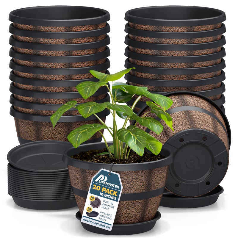 LifeMaster 10-Inch Whiskey Barrel Planters Outdoor Pack of 20 - Durable Plastic Plant Pots for Indoor & Outdoor Use with Drainage & Saucer, Lightweight Rustic Barrel Planters for Flowers, Herbs & Small Plants - Image 1
