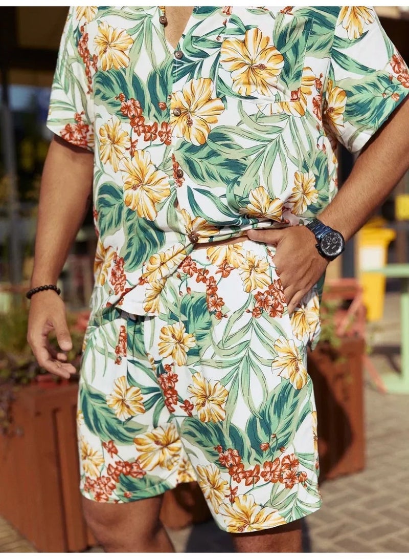 Men's Summer Beachwear Set - Hawaiian Print Shirt & Shorts, Lightweight, Breathable, Extra Large - Image 2