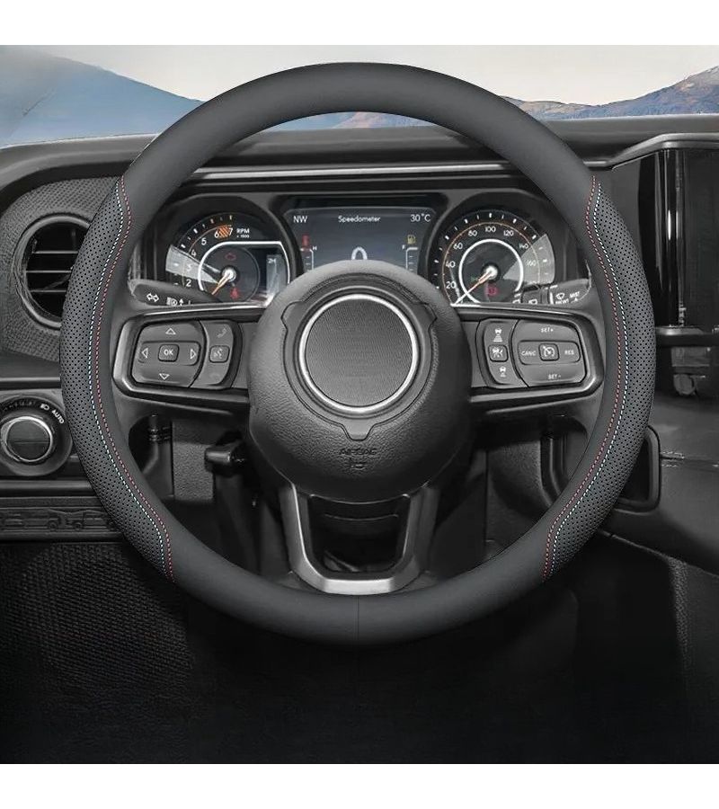 Breathable Faux Leather Steering Wheel Cover 14.57 15.16 Inch Orange Line Round One Piece - Image 2