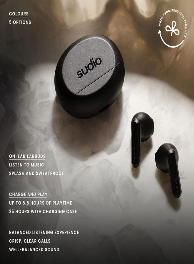 Sudio A3 All-Day Wireless Earbuds - 25H Playtime, Bluetooth 5.4, Sweat & Splashproof, Balanced Sound, Clear Calls with Enhanced Mics, USB-C Charging, Made from Recycled Plastics (Black) - Image 2