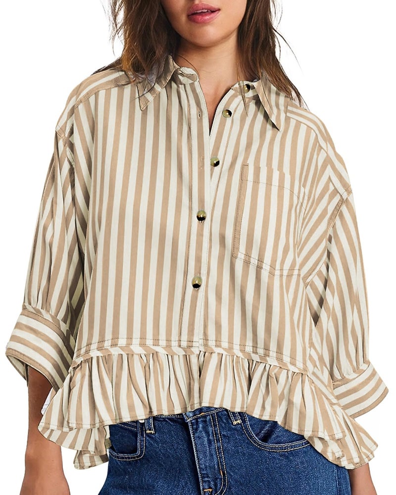 CHYRII Womens Summer Tops Dressy Casual Blouse Top Ruffled Short Sleeve Button Down Striped Shirt Khaki L