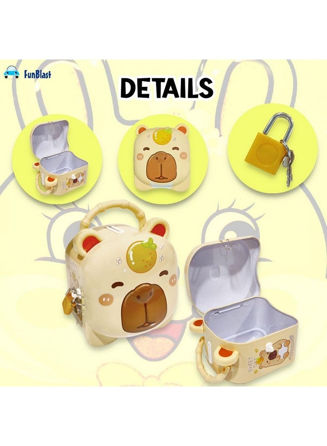 FunBlast Piggy Bank for Kids - Capybara Money Saving Tin Coin Bank with Lock and Key, Metal Coin Box, Birthday Return Gift for Boys & Girls, Money Bank, Coin Box for Kids (Beige) - Image 3
