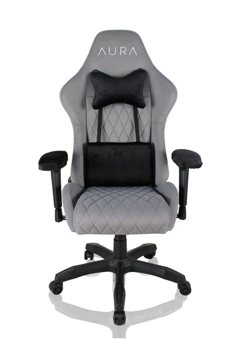 أورا كرسي الألعاب AURA Aria | تصميم مريح، ومساند للذراعين رباعية الأبعاد ودعم لأسفل الظهر في 4 اتجاهات | وظيفة الاستلقاء | كرسي من القماش الرغوي المصبوب بالكامل | مسامي ومريح لجلسات الألعاب الطويلة باللون الرمادي - Image 1