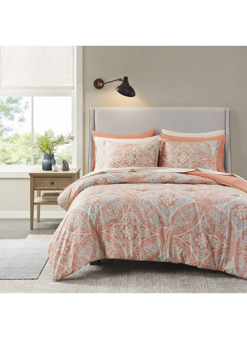 Comfort Spaces Comfort Spaces Bed in A Bag  Trendy Casual Design Cozy Comforter with Complete Sheet Set with Side Pocket All Season Cover Matching Shams Full80x90 Gloria Damask Coral 9 Piece 