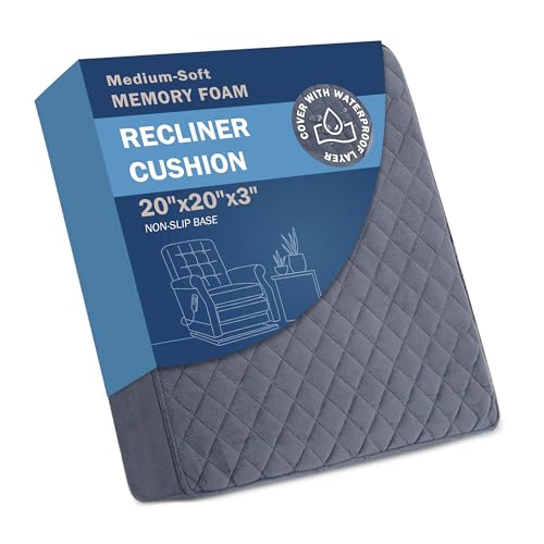 COMFORTANZA Medium-Soft 20x20x3 Memory Foam Recliner Chair Seat Cushion for Long Sitting - Armchair Pad with Washable Velvety Cover with Waterproof Layer & Non-Slip Base for Seniors & Elderly - Gray - Image 1