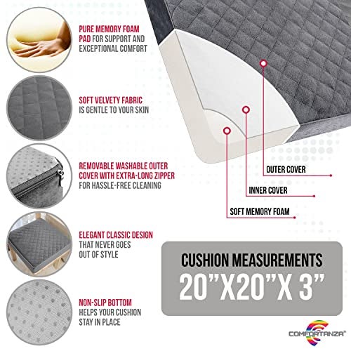 COMFORTANZA Medium-Soft 20x20x3 Memory Foam Recliner Chair Seat Cushion for Long Sitting - Armchair Pad with Washable Velvety Cover with Waterproof Layer & Non-Slip Base for Seniors & Elderly - Gray - Image 4
