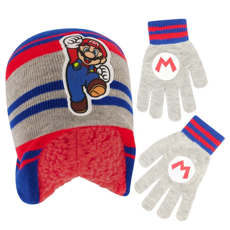Nintendo Boys Winter Hat And Kids Gloves Set  Super Mario Beanie For Ages 4-7  Gray/Blue With Fleece - Image 1