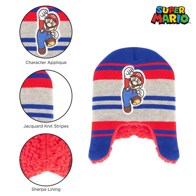 Nintendo Boys Winter Hat And Kids Gloves Set  Super Mario Beanie For Ages 4-7  Gray/Blue With Fleece - Image 3
