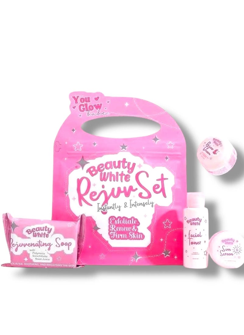 You Glow Babe - Beauty White Rejuvenating Set | Exfoliate, Renew & Firm Skin | Lightens Dark Spots & Acne Marks | Complete Skincare Kit (Facial Toner 60ml, Rejuvenating Soap 70g, Sunscreen 10g, Night Cream 10g) - Image 1