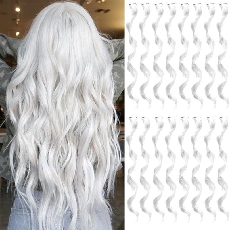16 Pcs Colored Hair Extensions Curly Wavy Clip in Synthetic Hairpiece Streak for Girls Women Kids, Multi-colors Party Highlights Cosplay Festival Gift(White)