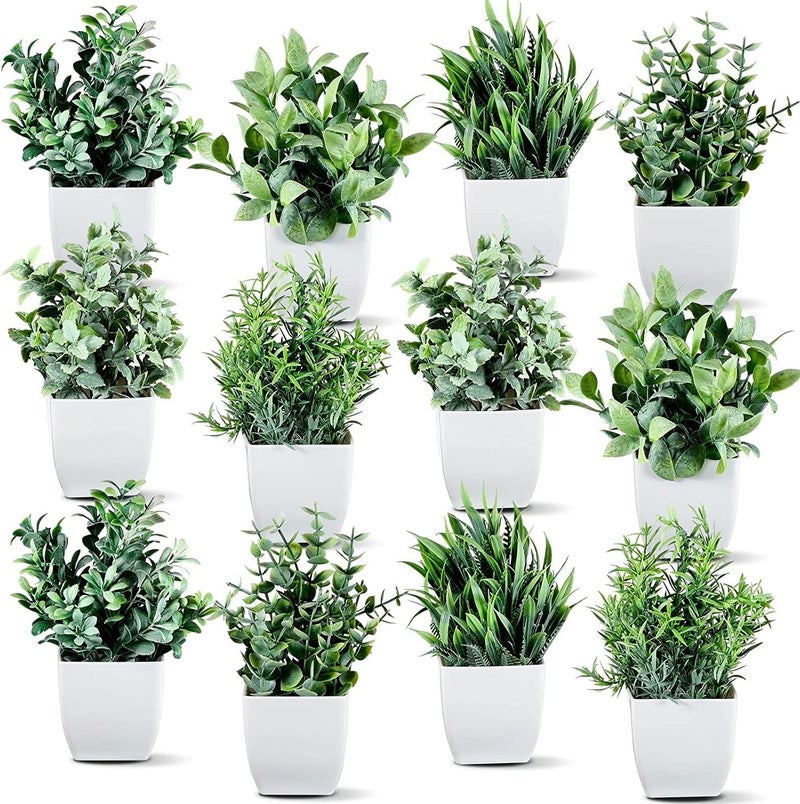 WYTE ORIGIN Artificial Potted Plants, Green Artificial Plastic Eucalyptus Plants Small Indoor Potted Houseplants, Small Faux Plants for Home Decor Bathroom Office Farmhouse. (SET-12) - Image 1