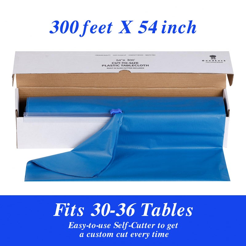 Goodluck 54 Inch X 300 Feet Plastic Table Cloths with Cutter Box, Blue Disposable Table Cover Roll, Plastic Tablecloth for Party, Banquet, Wedding, Birthday, Anniversary - Image 4