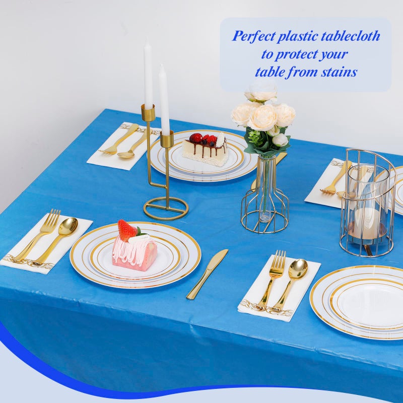 Goodluck 54 Inch X 300 Feet Plastic Table Cloths with Cutter Box, Blue Disposable Table Cover Roll, Plastic Tablecloth for Party, Banquet, Wedding, Birthday, Anniversary - Image 5