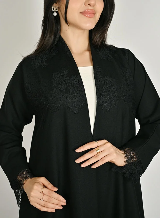 Hawraa Abaya Elegant Black Wrap Abaya with Delicate Lace Detailing