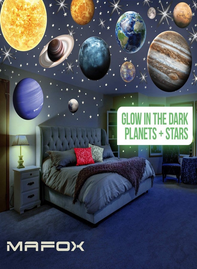 MAFOX Glow in The Dark Planets, Bright Solar System Wall Stickers -Sun Earth Mars and so on,9 Glowing Ceiling Decals for Bedroom Living Room,Shining Space Decoration for Kids for Girls and Boys - Image 1