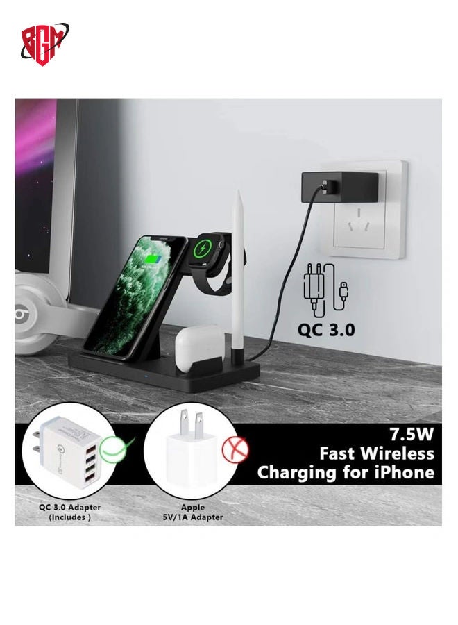 BGM 4 in 1 Wireless Charging Station with Adapter for Apple AirPod/Apple Watch/Apple Pencil/Apple iPhone /Samsung Galaxy Phones - Image 2