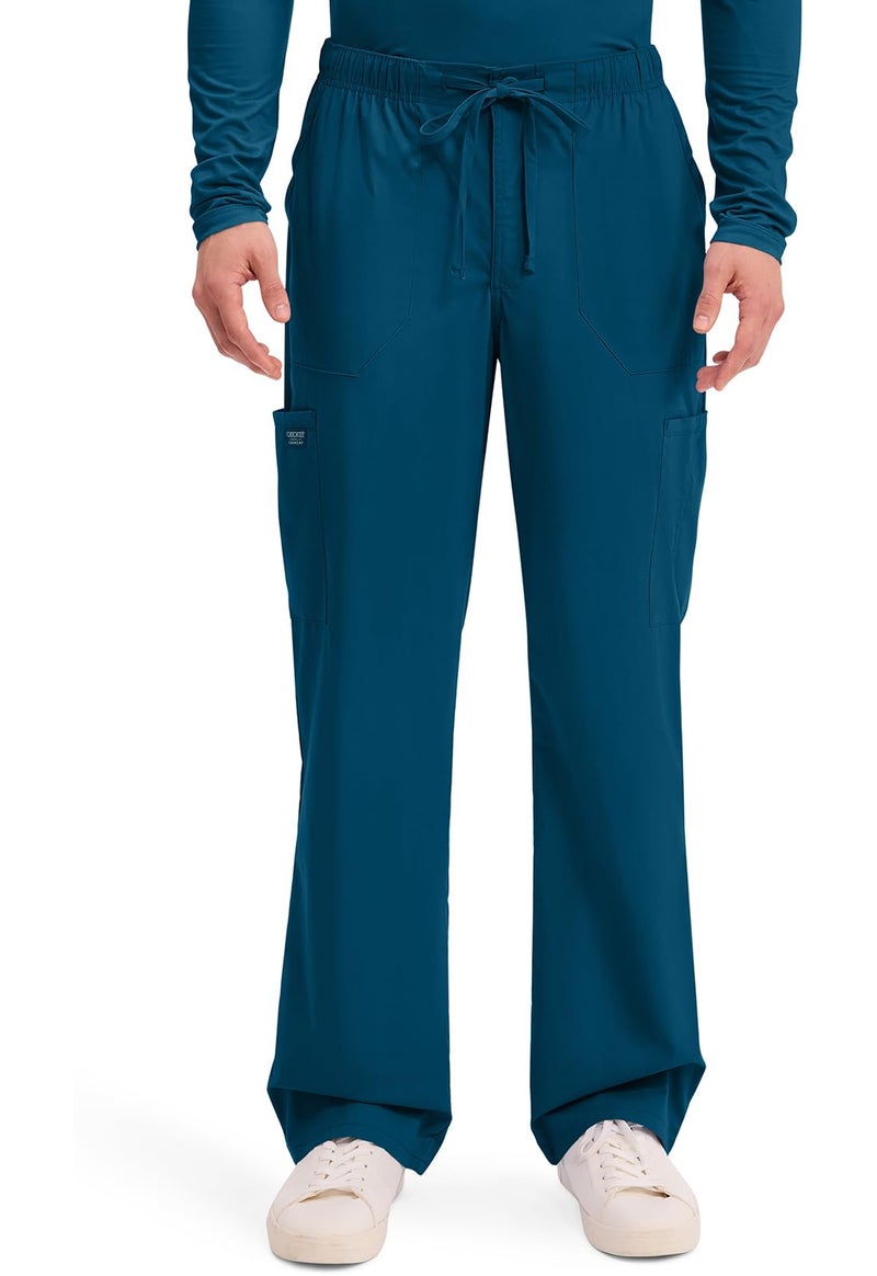 Cherokee Scrubs for Men Tapered Leg Cargo Scrub Pants with Zip Fly, 5 Pockets Elastic Waist 2-Way Stretch & Easy Care - WW190, M Short, Caribbean Blue