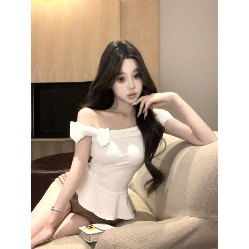 Real Shot Hand-stitched Three-dimensional Bow off-shoulder Top Womens Early Spring New Style Light blue - Image 1
