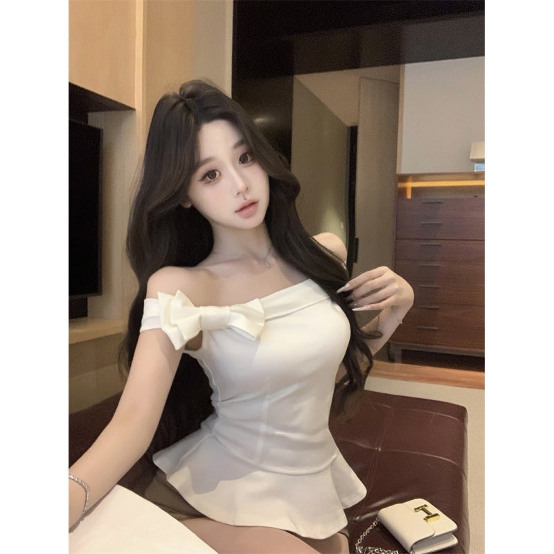 Real Shot Hand-stitched Three-dimensional Bow off-shoulder Top Womens Early Spring New Style Light blue - Image 4