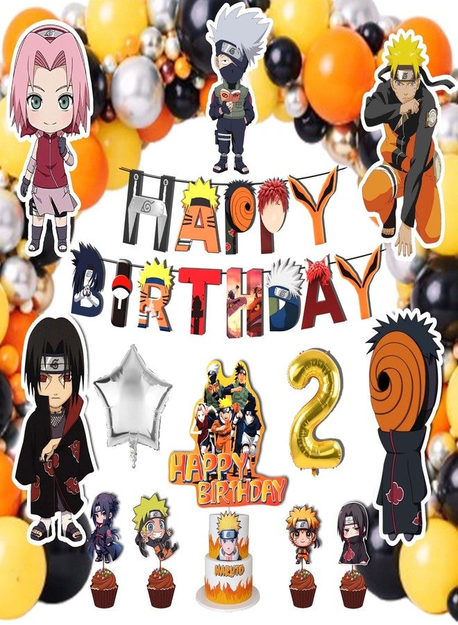 Partyjoy Anime Ninja Theme Birthday Decoration Kit for Kids | Happy Birthday Banner, Balloons, Cake Topper, Cupcake Toppers, Photo Props | Premium Paper Cutouts (2nd birthday multicolor set) - Image 1