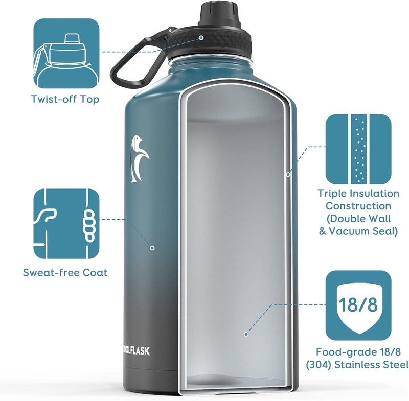Coolflask 128 oz Gallon Water Bottle Insulated with Straw&3 Lids, Water Jug Large Stainless Steel Metal Vacuum Wide Mouth for Sports, Gym or Office, Non-BPA Keep Cold 48H Hot 24H, Samurai Cyan - Image 2