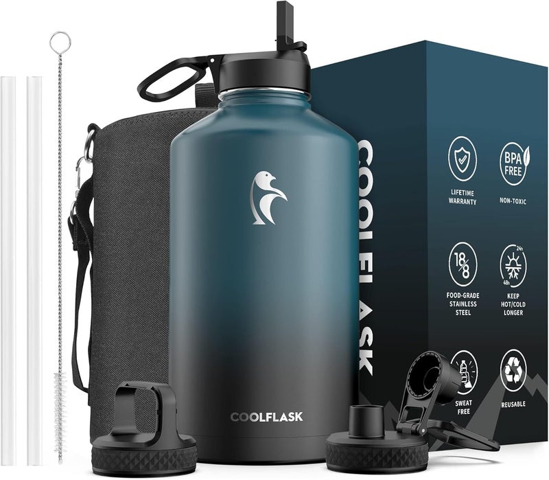 Coolflask 128 oz Gallon Water Bottle Insulated with Straw&3 Lids, Water Jug Large Stainless Steel Metal Vacuum Wide Mouth for Sports, Gym or Office, Non-BPA Keep Cold 48H Hot 24H, Samurai Cyan - Image 1