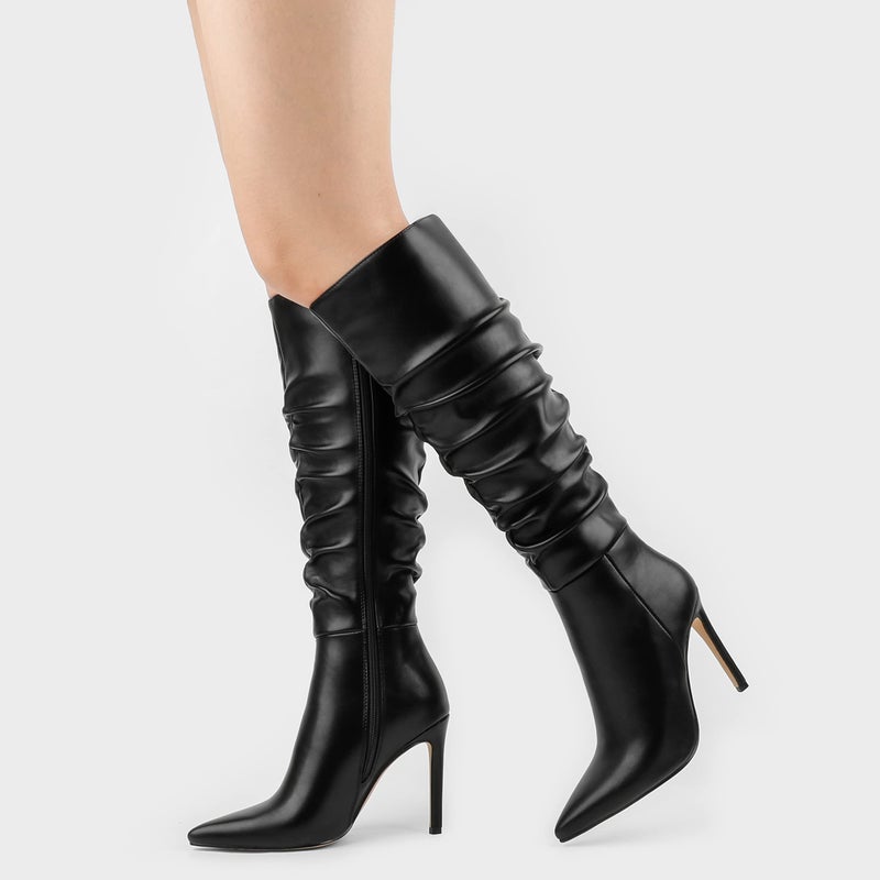COLETER Women's Knee High Boots Pointed Toe Stiletto Boot Slouch Zipper Heeled Boots Matte Black 9US - Image 2