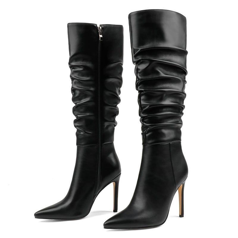 COLETER Women's Knee High Boots Pointed Toe Stiletto Boot Slouch Zipper Heeled Boots Matte Black 9US - Image 1